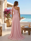 Satin A Line One Shoulder Long Evening Dresses with Flower
