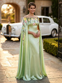 Satin Flower Lace Strapless Long Evening Dresses with Cape
