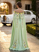 Satin Flower Lace Strapless Long Evening Dresses with Cape
