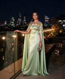 Satin Flower Lace Strapless Long Evening Dresses with Cape