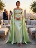 Satin Flower Lace Strapless Long Evening Dresses with Cape