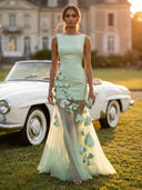 Satin Mermaid Boat Neck Long Evening Dresses with Flower