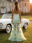 Satin Mermaid Boat Neck Long Evening Dresses with Flower