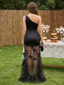 Satin One Shoulder Long Evening Dresses with Flower