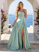 Satin A Line One Shoulder Long Evening Dresses with Slit