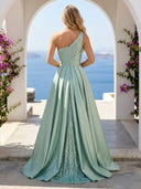 Satin A Line One Shoulder Long Evening Dresses with Slit