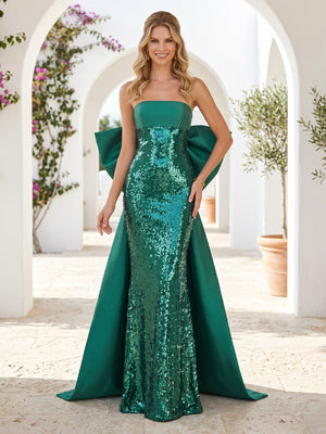 Satin Mermaid Strapless Long Evening Dresses with Bow