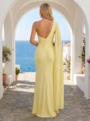 Satin One Shoulder Long Evening Dresses with Pleated