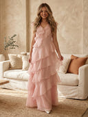 Tulle A Line V Neck Tiered Ruffles Long Evening Dresses