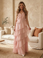 Tulle A Line V Neck Tiered Ruffles Long Formal Dresses