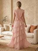 Tulle A Line V Neck Tiered Ruffles Long Evening Dresses