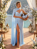 Chiffon Mermaid V Neck Long Evening Dresses with Scarf