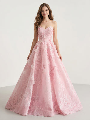 Tulle A Line Lace Strapless Long Evening Dresses with Flower