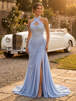 Satin Mermaid Halter Long Evening Dresses with Slit
