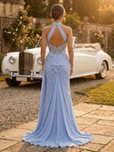 Satin Mermaid Halter Long Evening Dresses with Slit