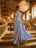 Chiffon Mermaid Halter Long Evening Dresses with Slit