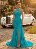 Chiffon Mermaid Halter Long Evening Dresses with Slit