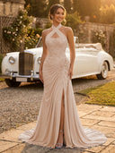 Chiffon Mermaid Halter Long Evening Dresses with Slit