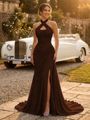 Chiffon Mermaid Halter Long Evening Dresses with Slit