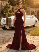 Chiffon Mermaid Halter Long Evening Dresses with Slit