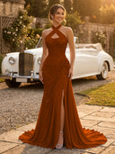 Chiffon Mermaid Halter Long Evening Dresses with Slit