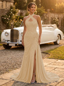 Chiffon Mermaid Halter Long Evening Dresses with Slit