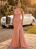 Chiffon Mermaid Halter Long Evening Dresses with Slit