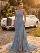 Chiffon Mermaid Halter Long Evening Dresses with Slit