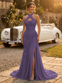 Chiffon Mermaid Halter Long Evening Dresses with Slit