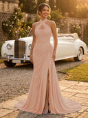 Chiffon Mermaid Halter Long Evening Dresses with Slit