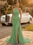 Chiffon Mermaid Halter Long Evening Dresses with Slit