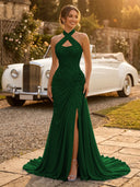Chiffon Mermaid Halter Long Evening Dresses with Slit