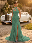 Chiffon Mermaid Halter Long Evening Dresses with Slit