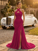 Chiffon Mermaid Halter Long Evening Dresses with Slit