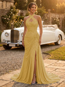 Chiffon Mermaid Halter Long Evening Dresses with Slit