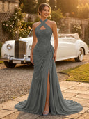 Chiffon Mermaid Halter Long Evening Dresses with Slit