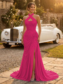 Chiffon Mermaid Halter Long Evening Dresses with Slit