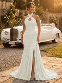 Chiffon Mermaid Halter Long Evening Dresses with Slit