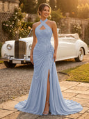 Chiffon Mermaid Halter Long Evening Dresses with Slit