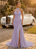 Chiffon Mermaid Halter Long Evening Dresses with Slit