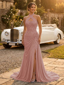 Chiffon Mermaid Halter Long Evening Dresses with Slit