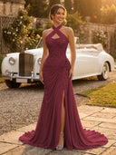 Chiffon Mermaid Halter Long Evening Dresses with Slit