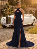 Chiffon Mermaid Halter Long Evening Dresses with Slit
