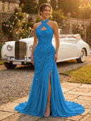 Chiffon Mermaid Halter Long Evening Dresses with Slit