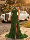 Chiffon Mermaid Halter Long Evening Dresses with Slit