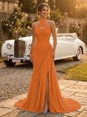 Chiffon Mermaid Halter Long Evening Dresses with Slit