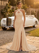 Chiffon Mermaid Halter Long Evening Dresses with Slit