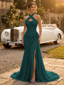 Chiffon Mermaid Halter Long Evening Dresses with Slit