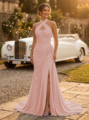 Chiffon Mermaid Halter Long Evening Dresses with Slit