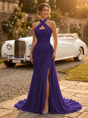 Chiffon Mermaid Halter Long Evening Dresses with Slit